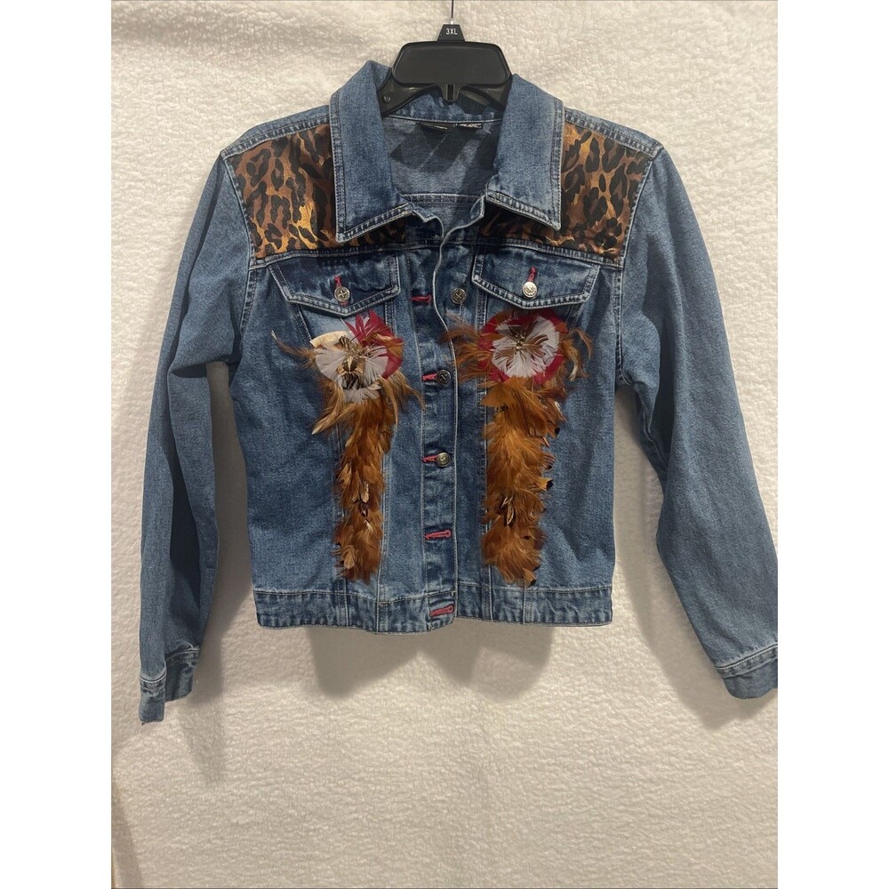 Custom Blue Denim Jacket Feathers Leopard Print Xhilaration Size M Womens Boho